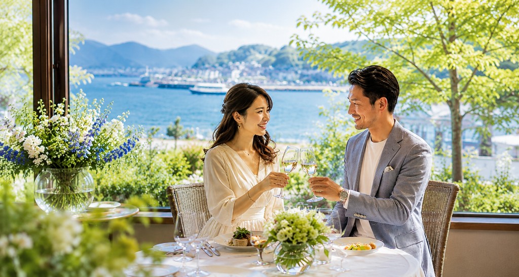 港湾と緑の丘陵が見える開放的なレストランで、ワインで乾杯する男女
