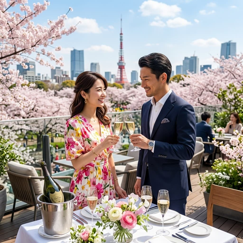 桜咲く東京の屋上テラスでシャンパンを乾杯する洗練されたカップルと東京タワー